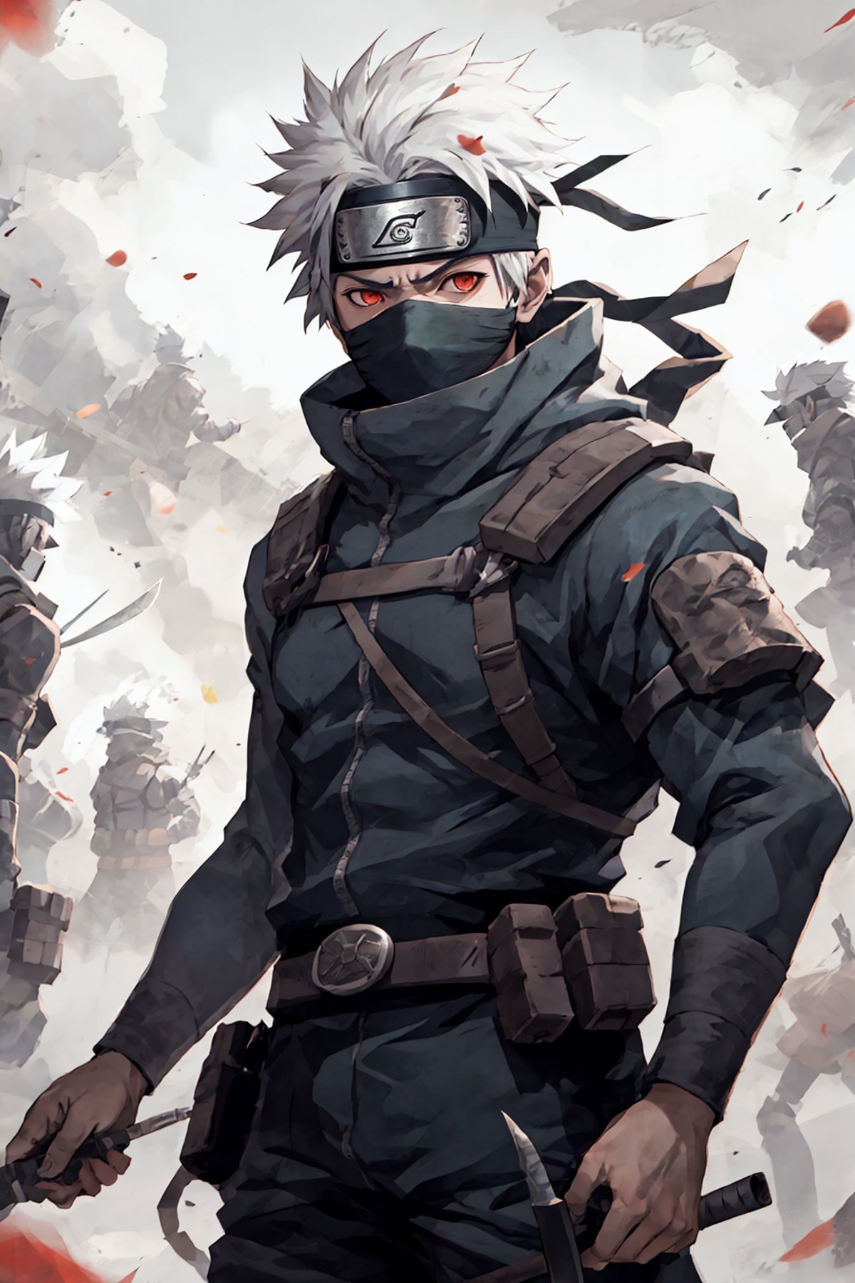 kakashi, male focus, ninja, red eyes, weapon, gloves, holding, multiple boys, solo focus, looking at viewer, pouch, 1boy, ...